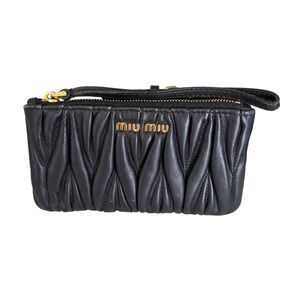 Miu Miu Matelasse Nappa Leather Wristlet Pouch Black Gold Logo Zip Small